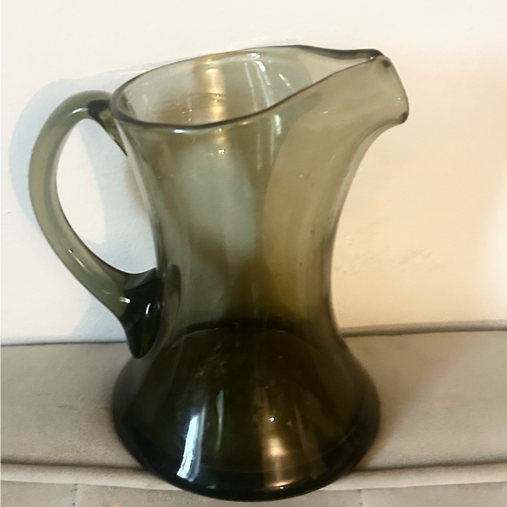 Vintage Glass Green blown glass pitcher Mid-Century Modern (MCM) Olive, avocado - Picture 5 of 5